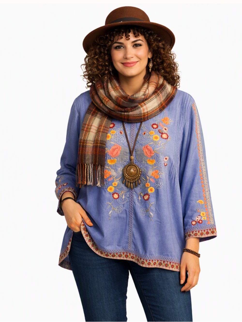 Sorrento Embroidered Periwinkle Tunic Boho Cottagecore Fall Style Size L EUC